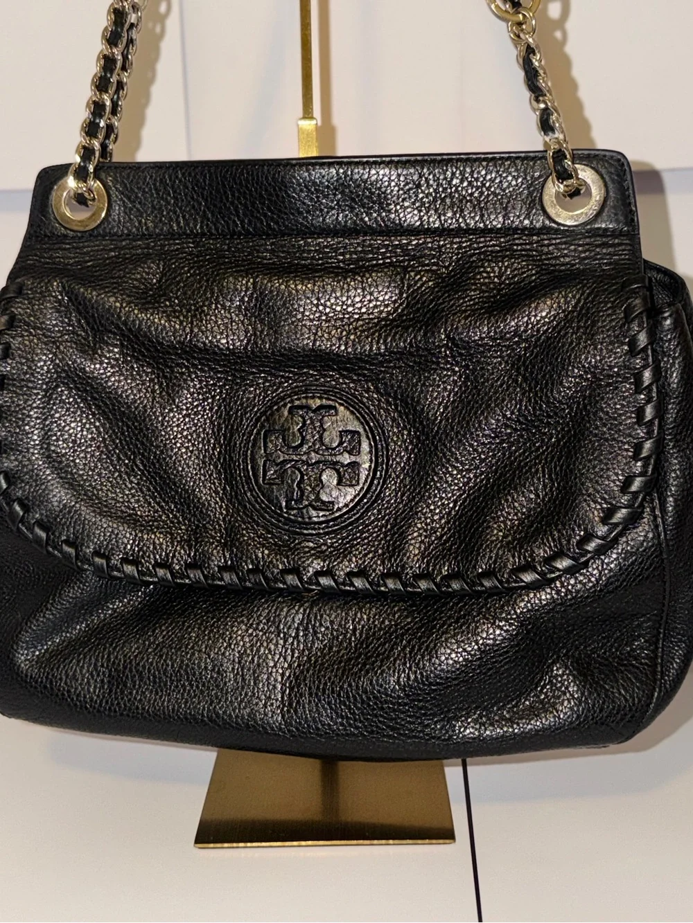 Tory Burch Black Pebbled Leather Chain Shoulder Bag